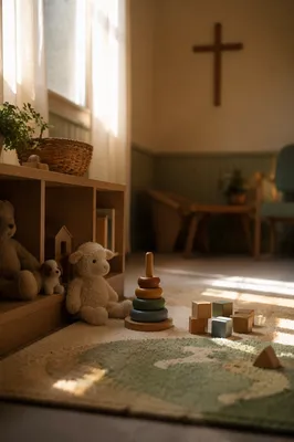 Peaceful Church Nursery Toys in Warm Light