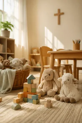 Peaceful Church Nursery Toys in Soft Light