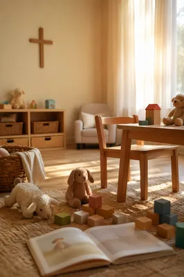 Peaceful Church Nursery Toys in Morning Light