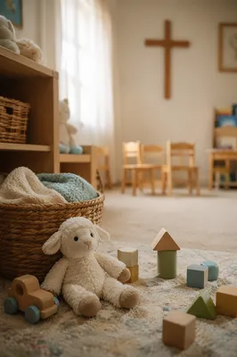 Peaceful Church Nursery Toys in Morning Light