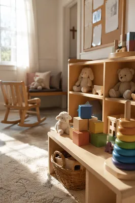 Sunlit Church Nursery Toys and Rocking Chair