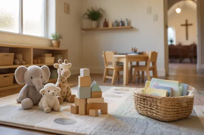 Quiet Church Nursery Toys in Soft Light