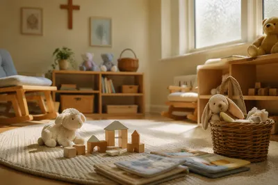 Peaceful Church Nursery Toys in Soft Light