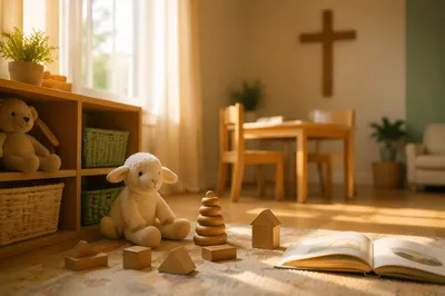 Sunlit Church Nursery with Plush Toys