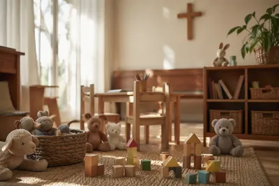 Peaceful Church Nursery Toys in Soft Light