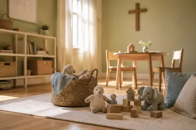 Peaceful Church Nursery Toys in Soft Light