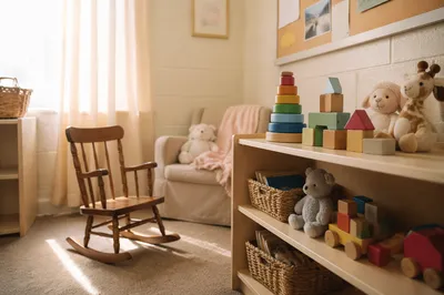Sunlit Church Nursery Toys and Rocking Chair