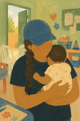 Church Nursery Volunteer Cradling Baby Calmly