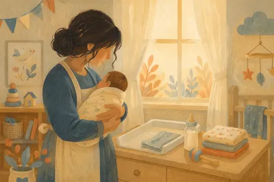 Church Nursery Volunteer Cradling Infant by Window