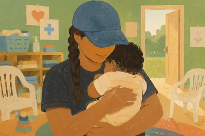Church Nursery Volunteer Cradling Baby Tenderly