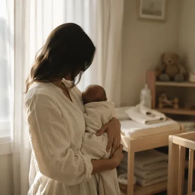 Church Nursery Volunteer Cradling Infant by Window