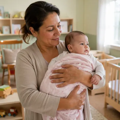 Church Nursery Volunteer Cradling Peaceful Baby