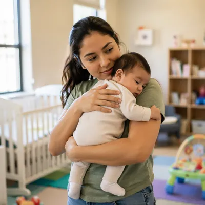 Tender Church Nursery Volunteer With Infant