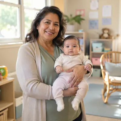 Volunteer Cradling Baby in Bright Nursery