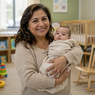 Nursery Volunteer Holding Infant in Bright Classroom