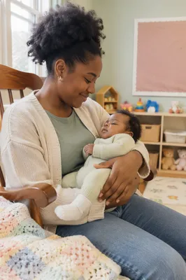 Volunteer Holding Infant in Bright Nursery