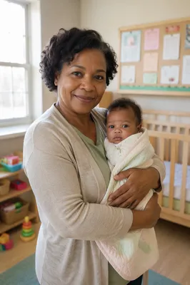 Nursery Volunteer Cradling Baby in Church