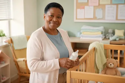 Caring Nursery Worker Holding Baby Bottle