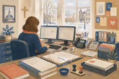Organized Church Office Secretary Desk Scene