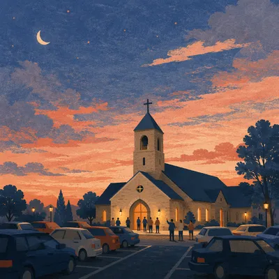 Evening Church Parking Lot Welcome Scene