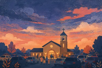 Twilight Church Parking Lot Welcome Scene