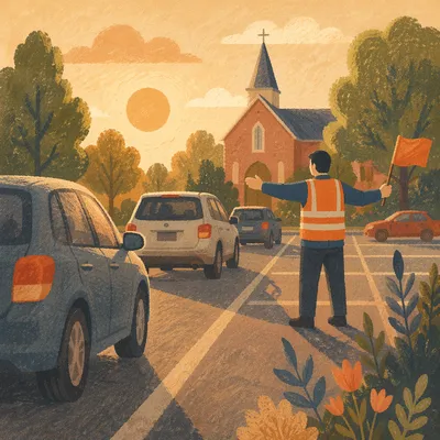Sunday Church Parking Volunteer Welcoming Cars
