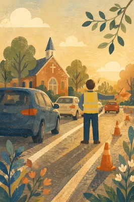 Church Parking Volunteer Guiding Morning Traffic