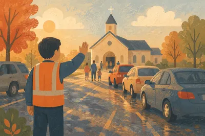 Church Parking Lot Volunteer Welcoming Cars