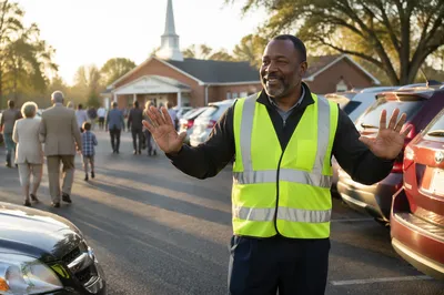 Volunteer Directing Cars in Church Parking Lot