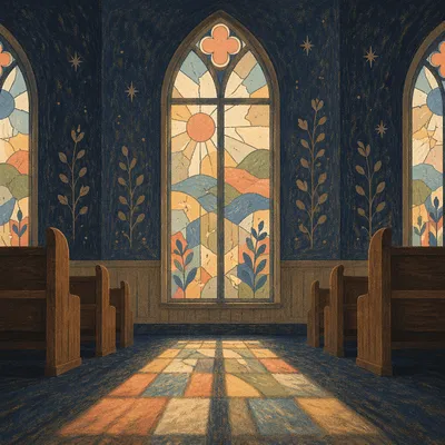 Sunlit Chapel Pews with Stained Glass