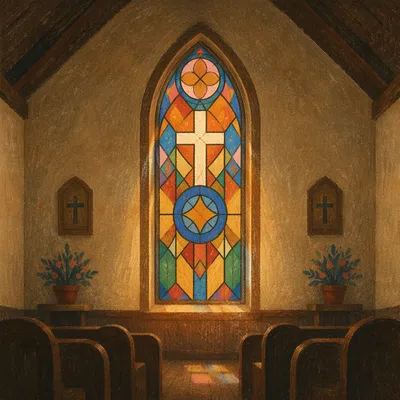 Sunlit Stained Glass Over Quiet Church Pews
