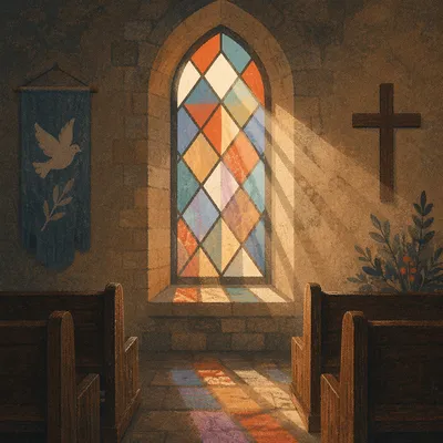 Sunlit Chapel Pews with Stained Glass