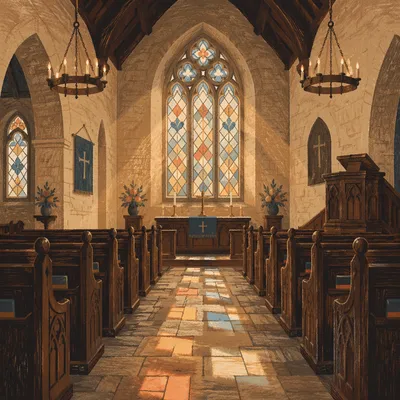 Sunlit Historic Church Pews and Stained Glass