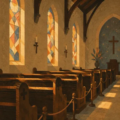 Sunlit Church Pews with Stained Glass