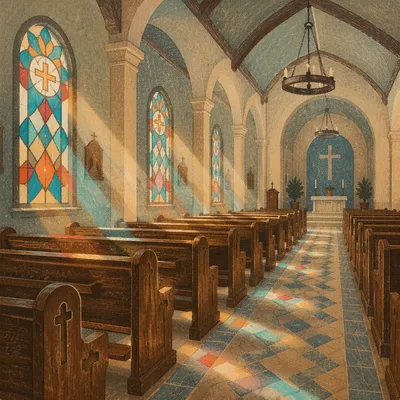 Sunlit Chapel Pews with Stained Glass