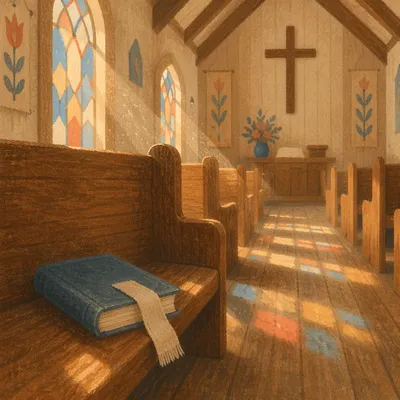 Sunlit Chapel Pews with Stained Glass