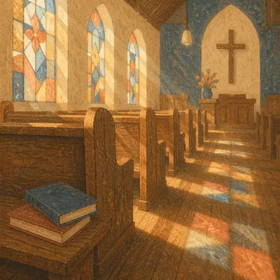 Sunlit Chapel Pews with Stained Glass