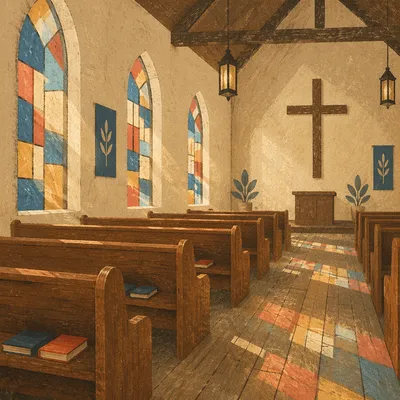 Sunlit Chapel Pews With Stained Glass
