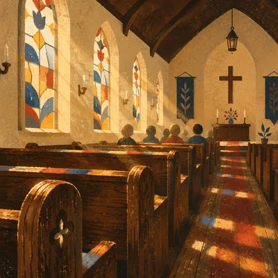 Sunlit Church Pews Beneath Stained Glass
