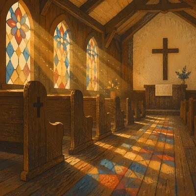 Sunlit Church Pews with Stained Glass