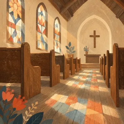 Sunlit Church Pews With Stained Glass