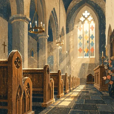 Sunlit Gothic Church Pews and Stained Glass