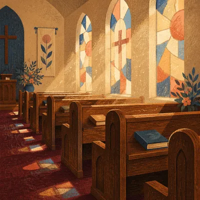 Sunlit Church Pews with Stained Glass Reflections