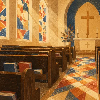 Sunlit Church Pews with Stained Glass