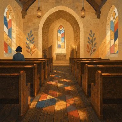 Sunlit Church Pews with Stained Glass