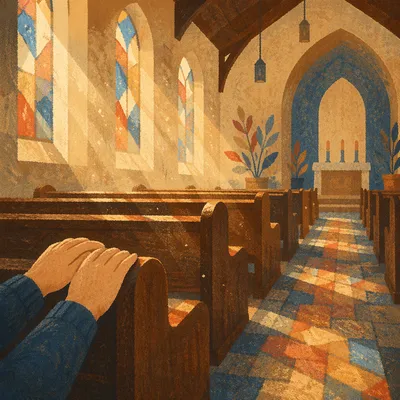 Sunlit Church Pews with Stained Glass