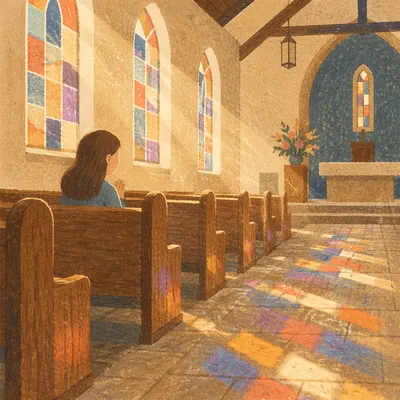 Sunlit Church Pews with Stained Glass