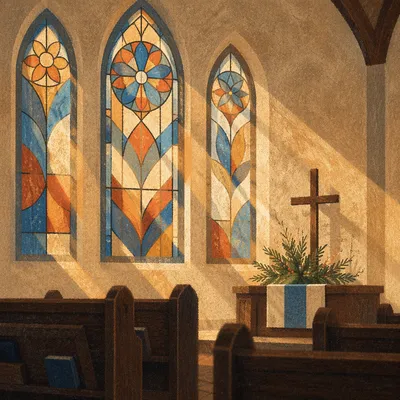 Sunlit Church Pews and Stained Glass