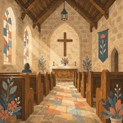 Sunlit Village Church Pews with Stained Glass