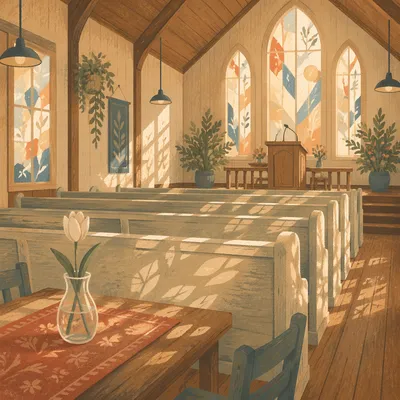 Sunlit Chapel Pews with Stained Glass